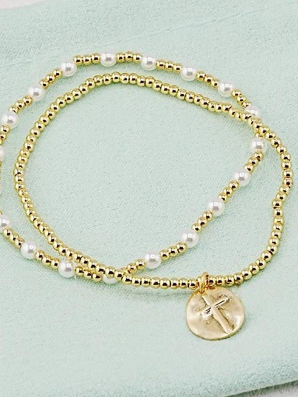 Gold Beaded Double-Wrap Bracelet with White Pearls - Picture 2 of 4